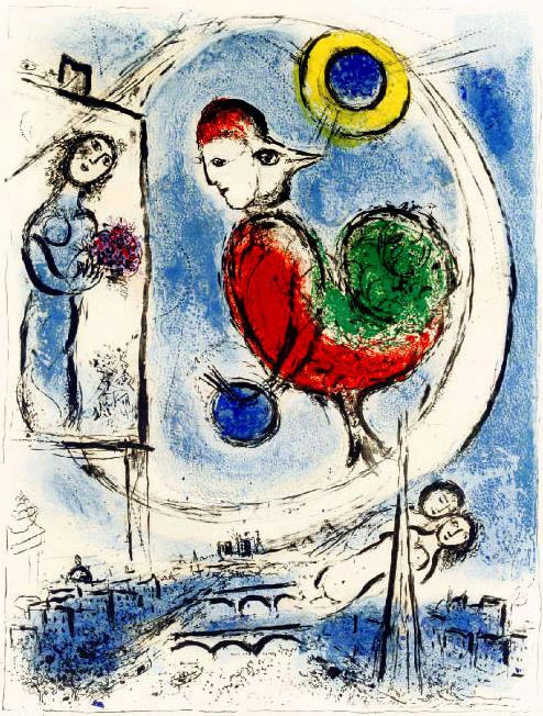 Le Coq sur Paris lithographie couleur contemporaine Marc Chagall Peintures à l'huile